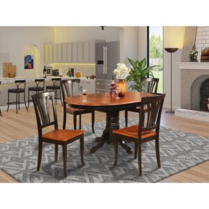 The dinette set with built-in self storage extension leaf which fits four to six people.Glossy solid wood table top with strong carved pedestal support. Beveled oval profile for comfortable kitchen ambianceFinished in rich Black & Cherry color