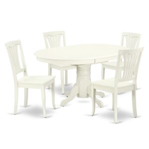 The AVON5-LWH-W kitchen dinette set brings an affectionate family feeling in the kitchen space. A comfy and luxurious Linen White color offers any dining area a relaxing and friendly feel with the medium dinette table. The Oval Shaped table features a pedestal base that will furnish your dining area with a sophisticated look. With a soft rounded bevel at the edge of the table top