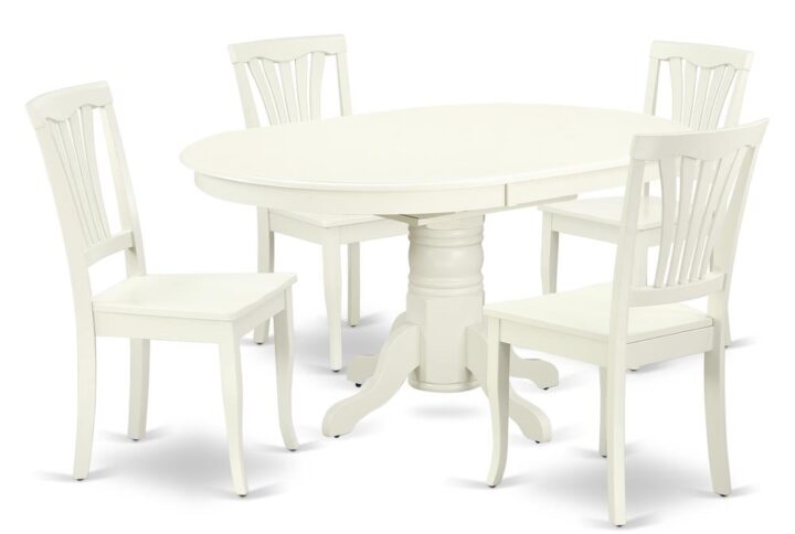 The AVON5-LWH-W kitchen dinette set brings an affectionate family feeling in the kitchen space. A comfy and luxurious Linen White color offers any dining area a relaxing and friendly feel with the medium dinette table. The Oval Shaped table features a pedestal base that will furnish your dining area with a sophisticated look. With a soft rounded bevel at the edge of the table top