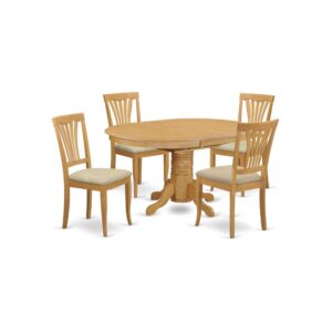 The dinette table set with in-built self storage expansion leaf which fits four to six people.Slick solid wood tabletop with strong carved pedestal support. Beveled oval profile for warm and comfy dining room settingFinished in rich Oak color