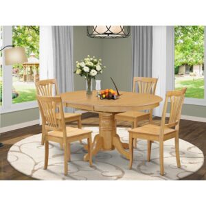 The dinette table set is a 5-piece set of fantastic dinette table with a stronger carved pedestal support. The Beveled oval table completes with four robust dinette chairs that create warm and comfortable kitchen space environment. The whole 5-piece Dining room set material is wood with a fantastic Oak finish; the dining chairs offer sophisticated carvings with microfiber upholstery providing sufficient support