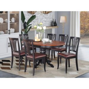 The dinette table set with integrated self storing extendable leaf which fits four to six people.Sleek solid wood table top with sturdy carved pedestal support. Beveled oval design for warm and comfortable kicthen space atmosphere Finished in rich Black & Cherry color