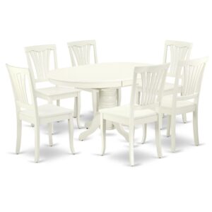 The AVON7-LWH-W kitchen dinette set brings an affectionate family feeling in the kitchen space. A comfy and luxurious Linen White color offers any dining area a relaxing and friendly feel with the medium dinette table. The Oval Shaped table features a pedestal base that will furnish your dining area with a sophisticated look. With a soft rounded bevel at the edge of the table top