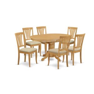 The dinette table set with integrated self storage extendable leaf which fits four to six people.Smooth hardwood table top with well-built carved pedestal support. Beveled oval shape to create comfortable dining area atmosphere Finished in rich Oak Color
