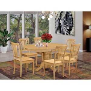 The specific 7-piece Dinette set material is wood with a perfect Oak finish; the dinette chairs offer stylish carvings with solid Wooden seat providing sufficient support. The dining room table set is a 7-piece set of fantastic dining room table with a stronger carved pedestal support. The Beveled oval table completes with four stable dining room chairs that create warm and comfortable kitchen space environment.