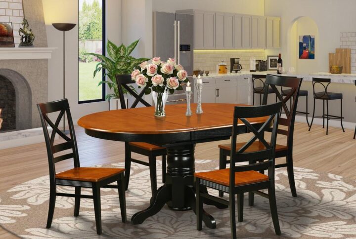 The dining room set having built-in self storing extendable leaf which fits four to six people.Modern hardwood table top with well-built carved pedestal support. Beveled oval shape to make warm and comfortable dining area atmosphere Finished in rich Saddle Brown color