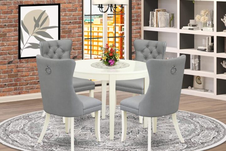 Presenting a charming and compact 5-piece dining room set that seamlessly combines style and functionality. Crafted from durable rubberwood and elegantly finished in a classic linen white