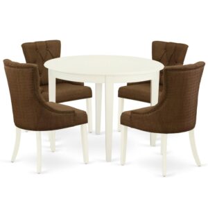 Bring the family charm in the dining area with this BOFR5-WHI-18 dinette set which highlights the natural elegance of Asian wood. A cozy and luxurious linen white color offers any dining-room a relaxing and friendly feel with the small kitchen table. With a soft rounded bevel at the edge of the table top
