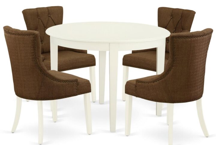 Bring the family charm in the dining area with this BOFR5-WHI-18 dinette set which highlights the natural elegance of Asian wood. A cozy and luxurious linen white color offers any dining-room a relaxing and friendly feel with the small kitchen table. With a soft rounded bevel at the edge of the table top