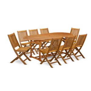 EAST WEST FURNITURE 9-PC OUTDOOR DINING SET- 8 GORGEOUS OUTDOOR FOLDING CHAIRS AND ROUND OUTDOOR TABLE