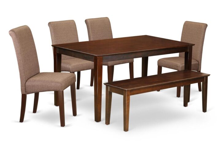 The beautiful CABA6-MAH-18 Capri table set brings modern elegance with an exquisite and smart beautiful design and style in your dining room. This specific Capri table and parson chairs for dining room consists of solid top for a highly refined