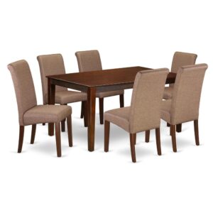The beautiful CABA7-MAH-18 Capri table set brings modern elegance with an exquisite and smart beautiful design and style in your dining room. This specific Capri table and parson chairs for dining room consists of solid top for a highly refined