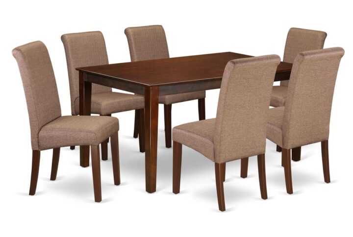 The beautiful CABA7-MAH-18 Capri table set brings modern elegance with an exquisite and smart beautiful design and style in your dining room. This specific Capri table and parson chairs for dining room consists of solid top for a highly refined