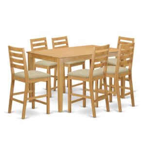 Add charm to your kitchen or dining space with our modern high quality Rubberwood table and chairs set made for long-lasting use. This Counter Height set comes in a rich Oak finish. This kind of high-class table and chairs set contains 1 kitchen table and six armless kitchen chairs. The table comes with a Bevel-shaped top with four legs at each corner and without leaf. Each chair has four legs at each corner linked together andfeatures an exclusively simple wooden surface. The whole set is a combination of simpleness and contemporary style. It’s very easy to maintain and can readily blend with many decors.