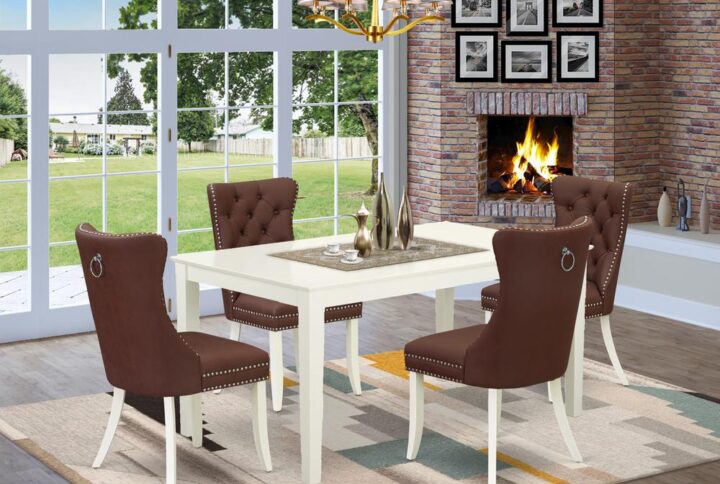 Introducing a sophisticated and versatile 5-piece dinette set crafted from durable rubberwood and elegantly finished in a classic linen white. This ensemble Includes a spacious Rectangle kitchen dining table and four parson chairs