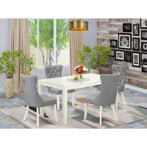 Introducing a sophisticated and versatile 5-piece kitchen table set crafted from durable rubberwood and elegantly finished in a classic linen white. This ensemble Includes a spacious Rectangle kitchen table and four parson dining chairs