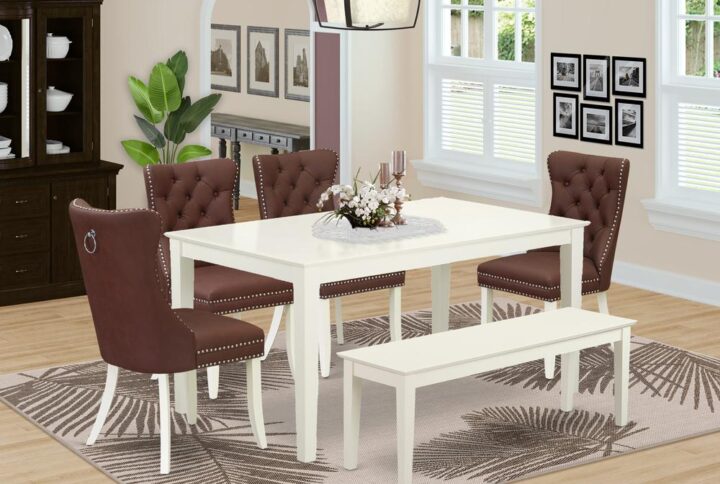 Introducing a spacious and stylish 6-piece kitchen table set that effortlessly combines elegance and functionality. Crafted from durable rubberwood and elegantly finished in a classic linen white