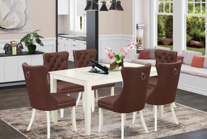 Introducing a sophisticated and versatile 7-piece dining set crafted from durable rubberwood and elegantly finished in a classic linen white. This ensemble Includes a spacious Rectangle dining table and six parson dining chairs