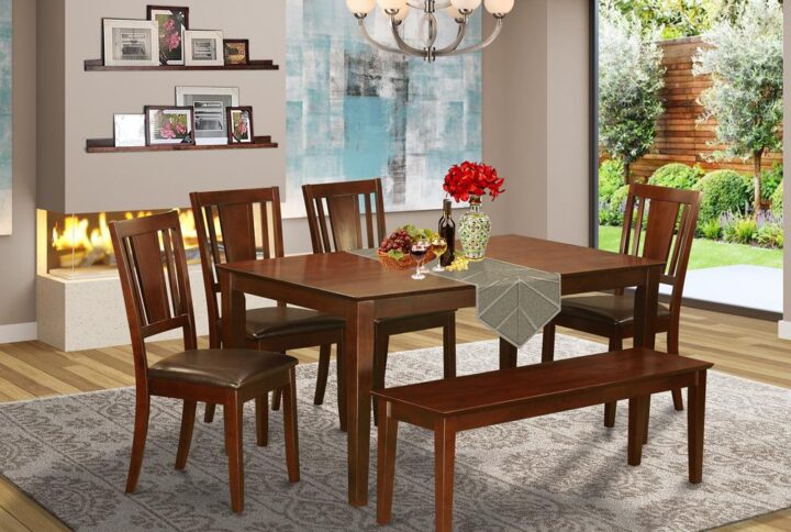 The kitchen table set is a class apart with its dazzling appearance and clean Mahogany color. The excellent blend of simple design and elegance. This amazing set is crafted with top quality hardwood. dining chairs produced in a sophisticated and modern style available chairs seats in solid wood