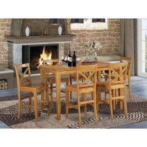 This rectangular gathering table sets feature beautiful Asian superb wood with an Oak color. Opt for an an elegant solid wood design seat to go with your dining-room set. Bar stools with backs feature a slatted back shape for max comfort level while sitting. Gathering table offers you lots of space for a large family with numerous people. Classy style table along with straight legs make this by far the most highly versatile counter height table in addition to chairs sets.