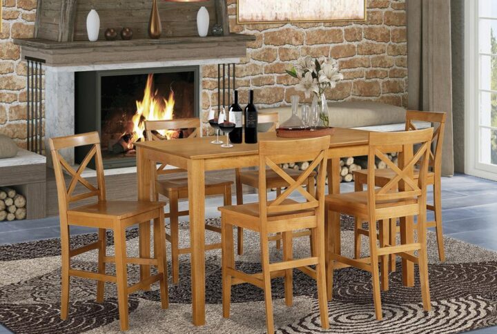 This rectangular gathering table sets feature beautiful Asian superb wood with an Oak color. Opt for an an elegant solid wood design seat to go with your dining-room set. Bar stools with backs feature a slatted back shape for max comfort level while sitting. Gathering table offers you lots of space for a large family with numerous people. Classy style table along with straight legs make this by far the most highly versatile counter height table in addition to chairs sets.