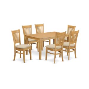 This simple but lovely 7 piece dinette set will add comfort and style to your dining-room. It features a kitchen dinette table and 6 beautifully crafted kitchen chairs. The table and chairs set can seat a maximum of six people. This set is made out of the popular Asian Hardwood