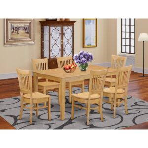 This simple but enchanting 7 piece kitchen table set will bring ambiance and style to your dining-room. It includes a dining room table and 6 beautifully crafted dinette chairs. The Small kitchen table set can seat a maximum of six people. This set is produced out of the popular Asian Hardwood