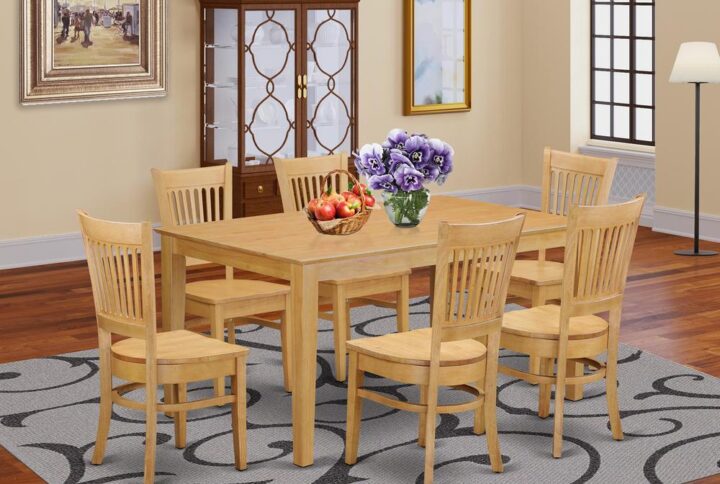 This simple but enchanting 7 piece kitchen table set will bring ambiance and style to your dining-room. It includes a dining room table and 6 beautifully crafted dinette chairs. The Small kitchen table set can seat a maximum of six people. This set is produced out of the popular Asian Hardwood