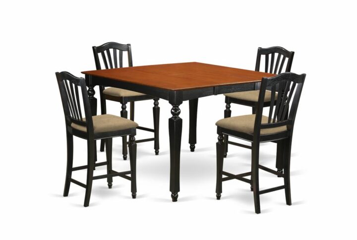 This counter height dining table set is highlighted by a striking Black finish and Fabric seat. The square counter height dining table stores an easily accessible self storing leaf extension to increase the counter height dining table top space and fold and hide away to save you valuable space. The well fabricated counter height dining chair provide style and comfort with charming fluted legs and accommodating stretchers for footrests. The particular slat back bar stools with backs are definitely best suited to unwind and appreciate your meal. This counter height dining table set will improve dining area surrounding it and it will develop into the focus of each family engagement that you have in your house.