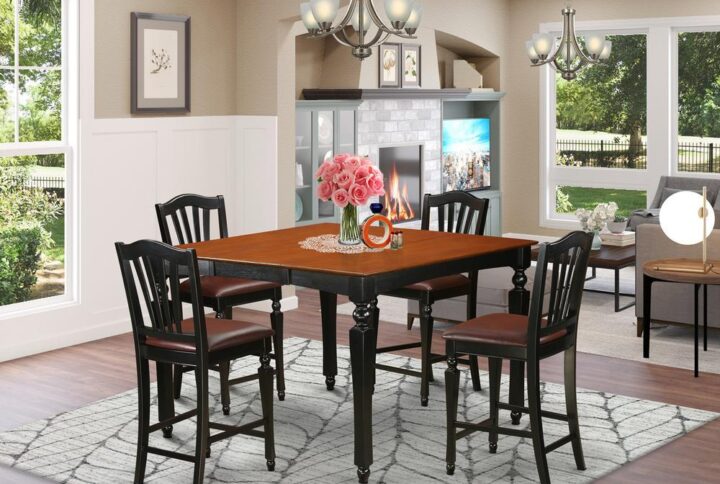 This counter height dining table set is highlighted by an eye-catching Black finish and Hardleather seats. The square counter height dining table stores an accessible self storage leaf extension to maximize the gathering table top space and retract and hide away to help save precious space. The well produced bar stools with backs provide style and comfort with stunning fluted legs and supportive stretchers for footrests. These slat back counter height stool are definitely perfect to sit back and appreciate your meals. This counter height dining table set will increase the dining area surrounding it and it will become the focus of each social engagement that you will have in your home.