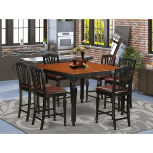 This counter height dining table set is highlighted by an eye-catching Black finish and faux leather seats. The square pub table stores an easily accessible butterfly leaf extension to expand the counter height table top space and fold and hide itself away to save valuable space. The well produced bar stools with backs feature style and comfort with stunning fluted legs and accommodating stretchers designed for footrests. The particular slat back counter height chairs are excellent to loosen up and enjoy your meal. This pub table set will enhance the dining area surrounding it and it will become the center of each social engagement that you will have in your home.