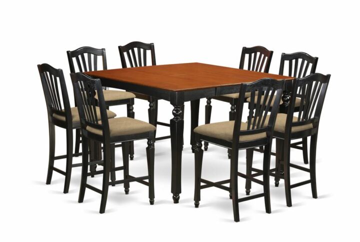 This counter height pub set is highlighted by a dazzling Black finish and HardLinen Fabric Seat. The square high dining table stores an accessible butterfly leaf extension to extend the high dining table top space and retract and hide itself away to save you precious space. The well manufactured bar stools feature elegance and comfort with enchanting fluted legs and supportive stretchers for footrests. These slat back bar stools with backs are most suitable to relax and appreciate your meals. This pub table set will improve dining area surrounding it and it will become the focus of every social engagement that you will have in your house.