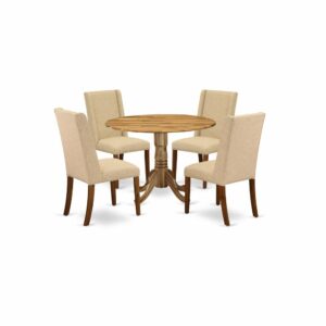 East West Furniture 5-Piece dining kitchen table set including 4 padded parson chairs and a round luxurious breakfast table will improve the elegance of your dining area or kitchen areas. This round dinette set is manufactured from solid Asian wood