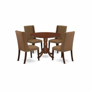 East West Furniture 5-Piece dining kitchen table set including 4 kitchen parson chairs and a round luxurious dining room table will improve the elegance of your dining area or kitchen areas. This kitchen dining table set is crafted from durable Asian wood