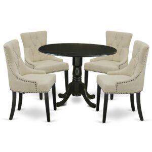 Enrich the elegance of your dining area with this DLFR5-BLK-02 dinette set includes a round dinette table and four parson chairs. The fantastic round dining table features black color that complements a number of different attractive themes. The drop down leaf can be easily expanded the kitchen table making more personal space for certain occasions or great parties. A single bevel edge and a rounded finish provide this dining room tables fits into a small kitchen space