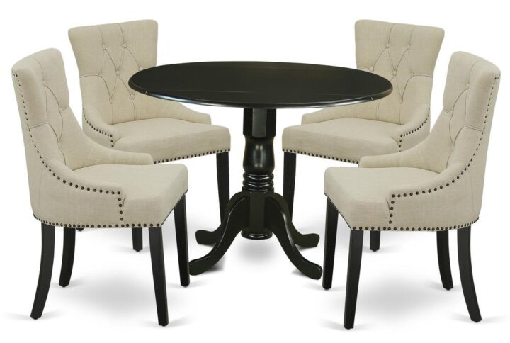 Enrich the elegance of your dining area with this DLFR5-BLK-02 dinette set includes a round dinette table and four parson chairs. The fantastic round dining table features black color that complements a number of different attractive themes. The drop down leaf can be easily expanded the kitchen table making more personal space for certain occasions or great parties. A single bevel edge and a rounded finish provide this dining room tables fits into a small kitchen space