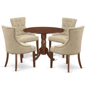 Enrich the elegance of your dining area with this DLFR5-MAH-05 dinette set includes a round dinette table and four parson chairs. The fantastic round dining table features mahogany color that complements a number of different attractive themes. The drop down leaf can be easily expanded the kitchen table making more personal space for certain occasions or great parties. A single bevel edge and a rounded finish provide this dining room tables fits into a small kitchen space