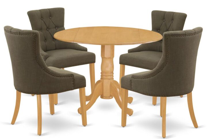 Enrich the elegance of your dining area with this DLFR5-OAK-20 dinette set includes a round dinette table and four parson chairs. The fantastic round dining table features oak color that complements a number of different attractive themes. The drop down leaf can be easily expanded the kitchen table making more personal space for certain occasions or great parties. A single bevel edge and a rounded finish provide this dining room tables fits into a small kitchen space