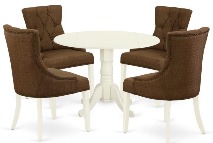 Enrich the elegance of your dining area with this DLFR5-WHI-18 dinette set includes a round dinette table and four parson chairs. The fantastic round dining table features linen white color that complements a number of different attractive themes. The drop down leaf can be easily expanded the kitchen table making more personal space for certain occasions or great parties. A single bevel edge and a rounded finish provide this dining room tables fits into a small kitchen space