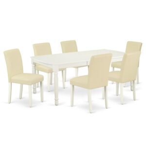 The DOAB7-LWH-64 dining set facilitates an affectionate family feeling. A comfortable and luxurious Linen White color offers any dining area a relaxing and friendly feel with the rectangular kitchen table. This well-designed and comfortable dining table may be used for hours at a time. This wonderful slick Linen White dinette table makes a really good addition for all kitchen space and corresponds all sorts of dining-room concepts. The dinette table is created from prime quality rubber wood known as Asian Hardwood. No heat treated pressured wood like MDF