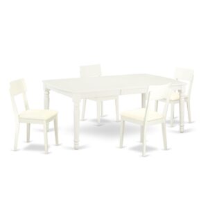 This kitchen table set has 4 chairs with faux leather seats. It is completed with a leveled table top. The dining table can fit a maximum of 8 people in a dining area. The dining set boasts a Linen White color that comes across as an effective additional color to your dining space given its attractive color on the seats. The table's 4 straight leg support brings a simple and breezy style to any space