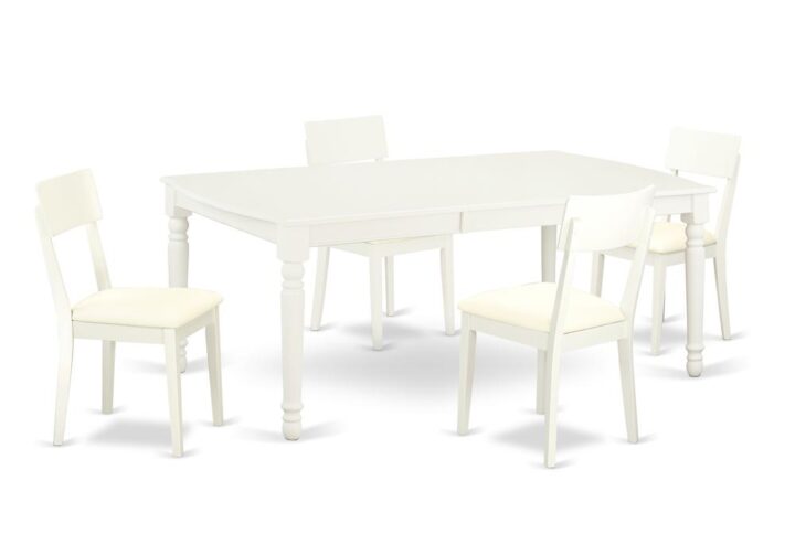 This kitchen table set has 4 chairs with faux leather seats. It is completed with a leveled table top. The dining table can fit a maximum of 8 people in a dining area. The dining set boasts a Linen White color that comes across as an effective additional color to your dining space given its attractive color on the seats. The table's 4 straight leg support brings a simple and breezy style to any space