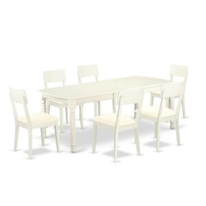 This kitchen table set has 6 chairs with faux leather seats. It is completed with a leveled table top. The dining table can fit a maximum of 8 people in a dining area. The dining set boasts a Linen White color that comes across as an effective additional color to your dining space given its attractive color on the seats. The table's 4 straight leg support brings a simple and breezy style to any space