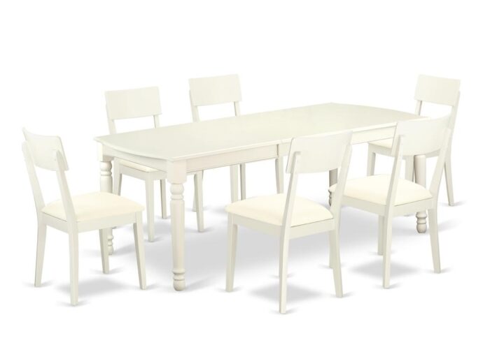 This kitchen table set has 6 chairs with faux leather seats. It is completed with a leveled table top. The dining table can fit a maximum of 8 people in a dining area. The dining set boasts a Linen White color that comes across as an effective additional color to your dining space given its attractive color on the seats. The table's 4 straight leg support brings a simple and breezy style to any space