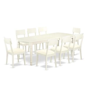 This kitchen table set has 8 chairs with faux leather seats. It is completed with a leveled table top. The dining table can fit a maximum of 8 people in a dining area. The dining set boasts a Linen White color that comes across as an effective additional color to your dining space given its attractive color on the seats. The table's 4 straight leg support brings a simple and breezy style to any space