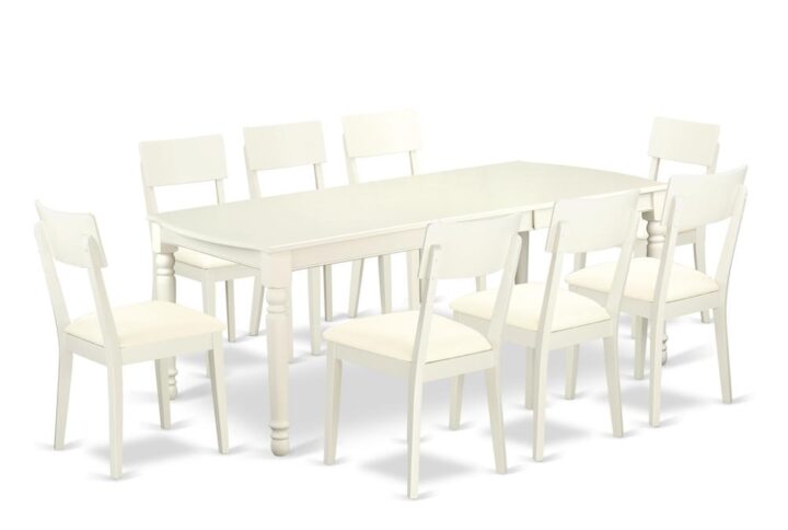 This kitchen table set has 8 chairs with faux leather seats. It is completed with a leveled table top. The dining table can fit a maximum of 8 people in a dining area. The dining set boasts a Linen White color that comes across as an effective additional color to your dining space given its attractive color on the seats. The table's 4 straight leg support brings a simple and breezy style to any space