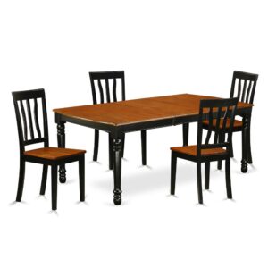 Awe your dinner and party guests with this kitchen table set has 4 chairs with solid wood seats. It is completed with a leveled table top. The dining table can fit a maximum of 8 people in a dining area. The dining set boasts a two-toned Black & Cherry color that comes across as an effective additional color to your dining space given its attractive color on the seats. The table's 4 straight leg support brings a simple and breezy style to any space