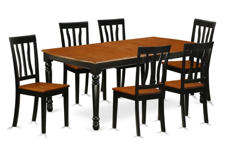 Awe your dinner and party guests with this kitchen table set has 6 chairs with solid wood seats. It is completed with a leveled table top. The dining table can fit a maximum of 8 people in a dining area. The dining set boasts a two-toned Black & Cherry color that comes across as an effective additional color to your dining space given its attractive color on the seats. The table's 4 straight leg support brings a simple and breezy style to any space