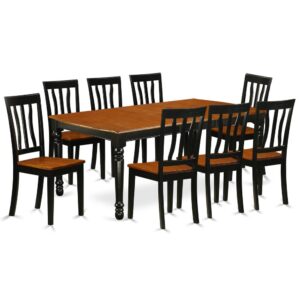 Awe your dinner and party guests with this kitchen table set has 8 chairs with solid wood seats. It is completed with a leveled table top. The dining table can fit a maximum of 8 people in a dining area. The dining set boasts a two-toned Black & Cherry color that comes across as an effective additional color to your dining space given its attractive color on the seats. The table's 4 straight leg support brings a simple and breezy style to any space