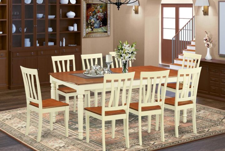 Eye-catching kitchen table with set of 8 comfortable dining room chairs which could be set in your dining space and kitchen space. Both
